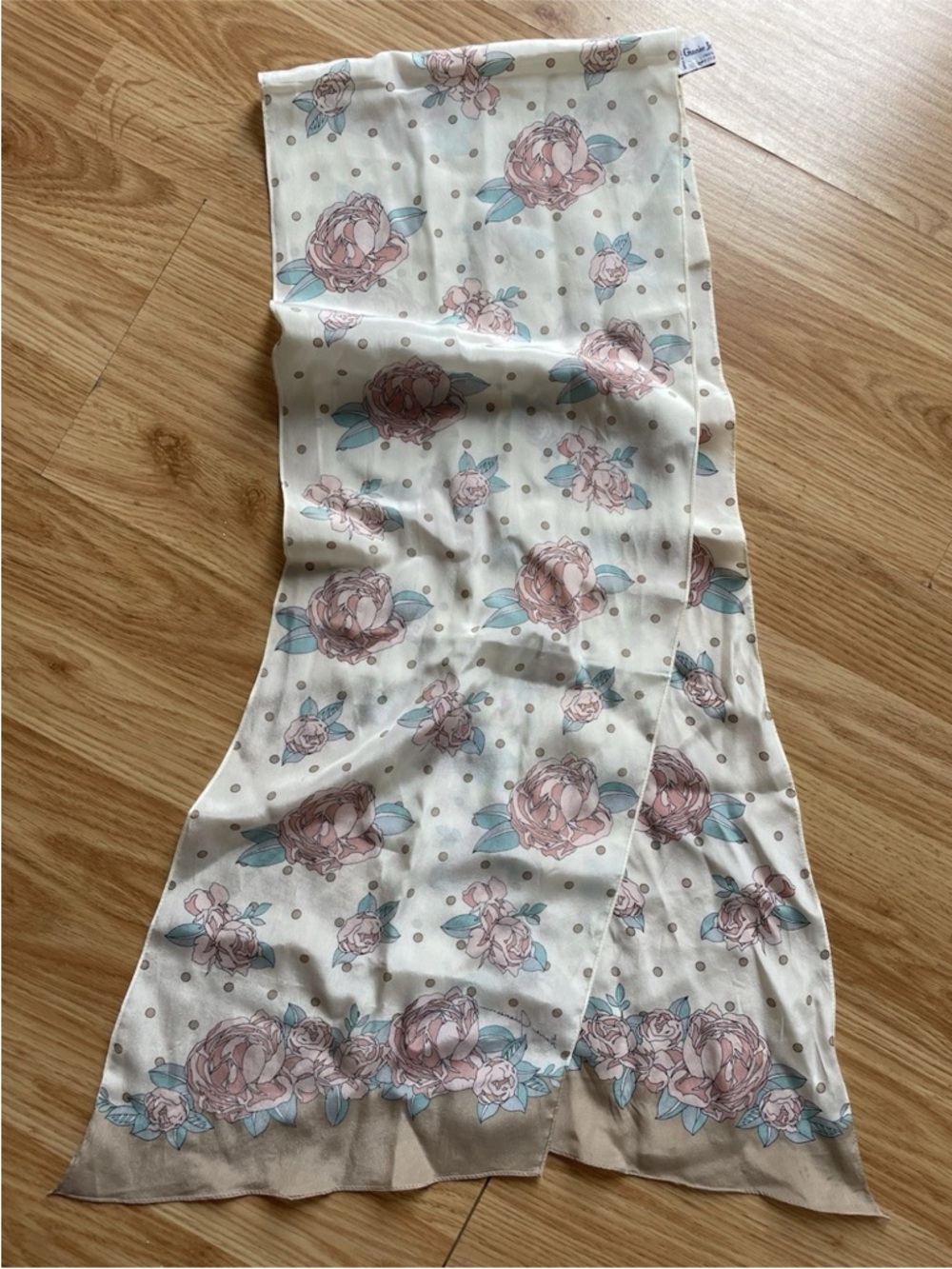 Vintage Silk Floral Polka Dot Lightweight Scarf - Cream & Pink
